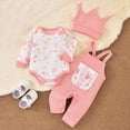 thumbnail image 2 of GobdXE Baby Girls 3 Piece Outfit Print Long Sleeve Top Overalls Hat Princess Clothes Set Pink,12-18 Months, 2 of 7