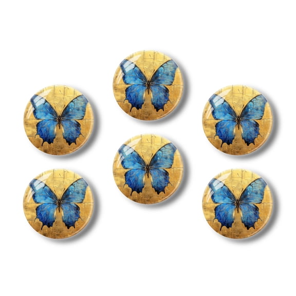 Glass Refrigerator Magnet 6Pcs Magnetic Fridge Sticker,Decor for Kitchen,Whiteboard,Cabinet,Blue Morpho Butterfly On Gold Tiled Background