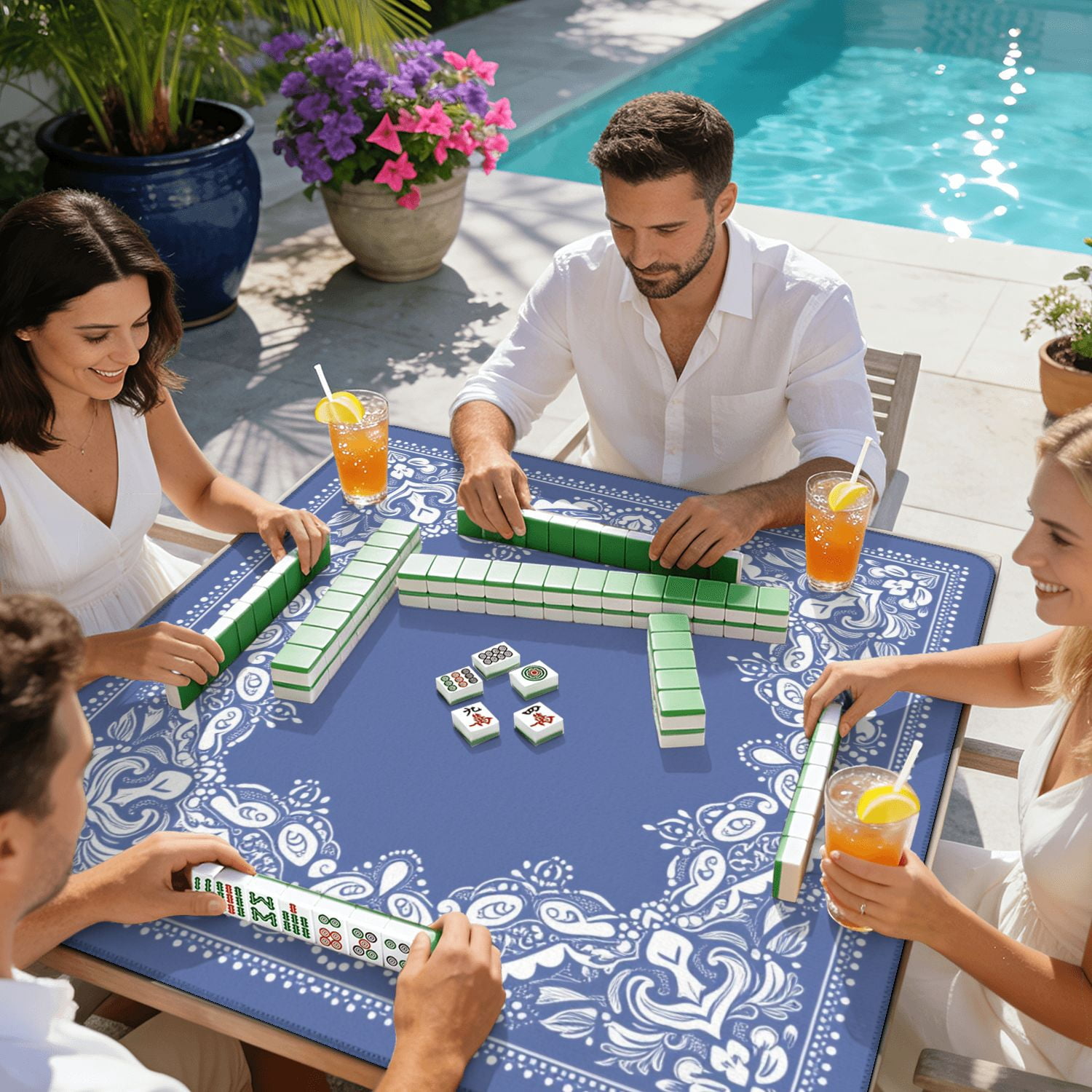Mahjong Mat 31.5" x 31.5" Blue White Ornamental Bandana Paisley Floral Motifs Non-Slip Noise Reduction American Mahjong Tiles Table Cover for Dominoes Poker Card Board Games Gift