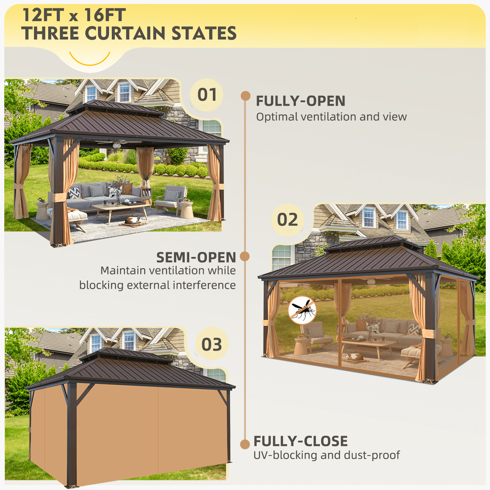Hommow 12' x 16' Hardtop Gazebo Aluminum Frame Gazebo with Galvanized Steel Double Roof