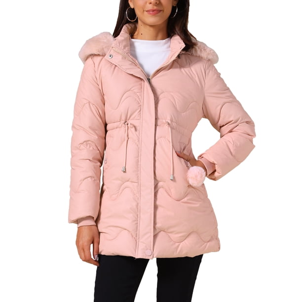 Abrigo acolchado grueso de invierno para mujer INSPIRE CHIC con capucha de piel sintética removible, chaqueta parka cálida M Rosa