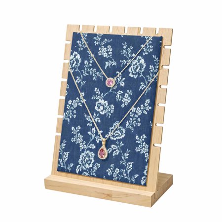 Necklace Display Stand Navy Blue Roses Wood Jewelry Displays Stands with PU Panel Rack Organizer Vintage Spring Wildflowers Leaves Wooden Necklace Display Holder for Vendors Shop Show Storage