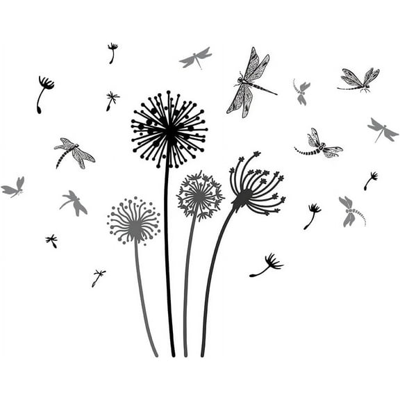 Black Dandelion Dragonfly Wall Sticker Plants Insect Wall Sticker Removable Vinyl Home Decor Flowers Wall Art DIY Art PVC Wall Decal for Room Decor 46x22inch Colorful DIY