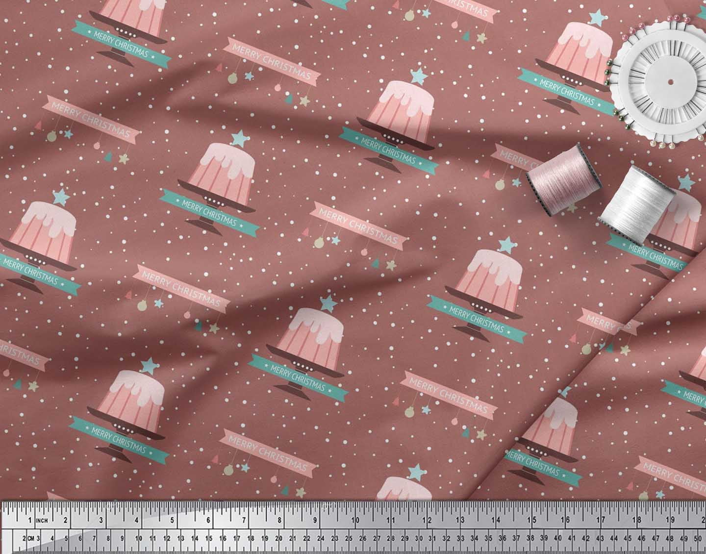 Soimoi Brown Rayon Fabric Cake & Ornaments Christmas Print Sewing Fabric Yard 56 Inch Wide