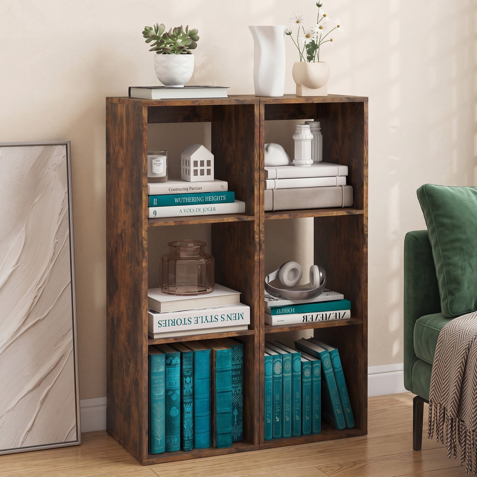 Furnibear 3 Cube Bookshelf with Back Guardrail, Engineered Wood Cube Storage Organizer Bookcase Display Shelf for Living Room Bedroom Home Office with, Brown
