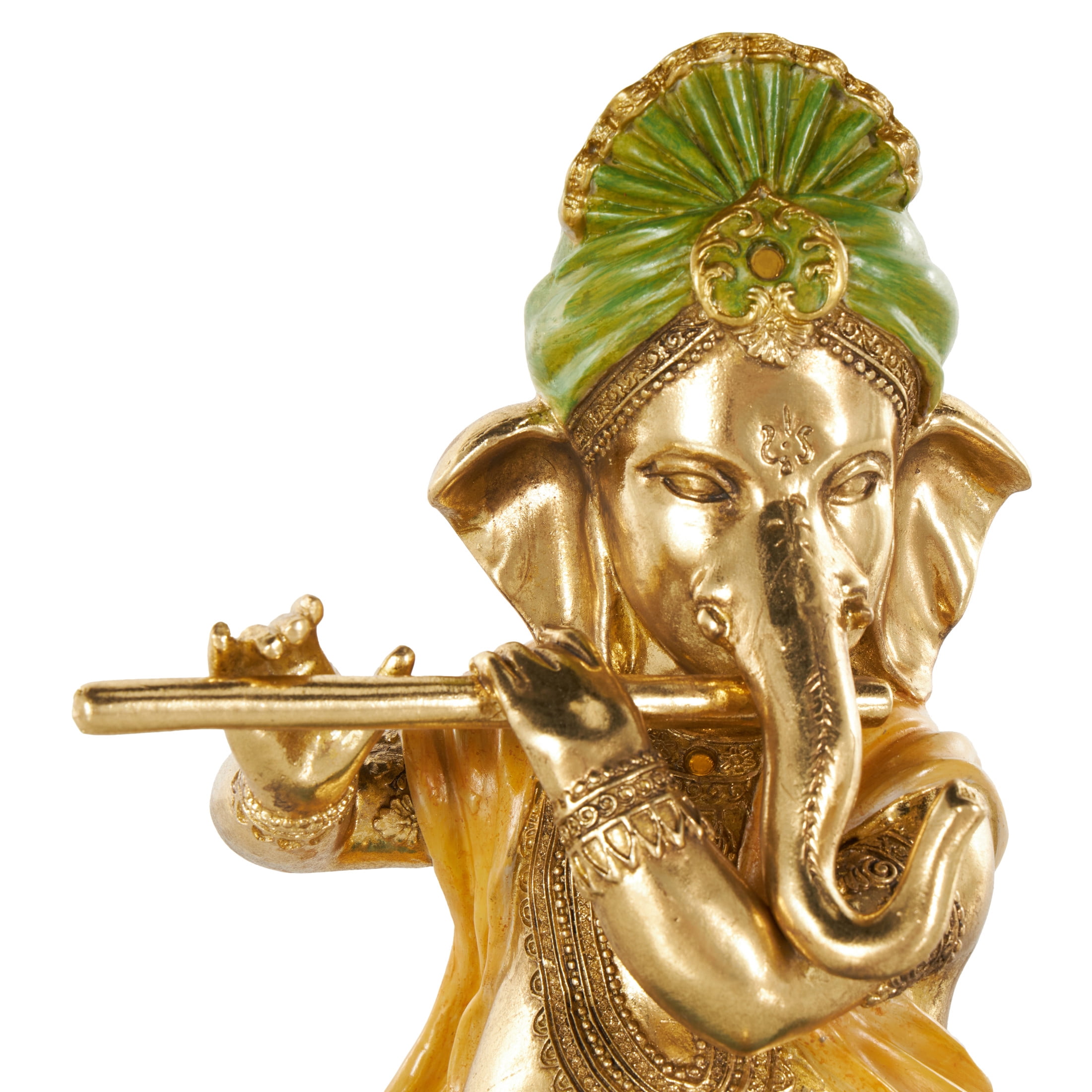 9" x 11" Gold Resin Musician Ganesh Sculpture with Green, Yellow, and Teal Accents, by DecMode
