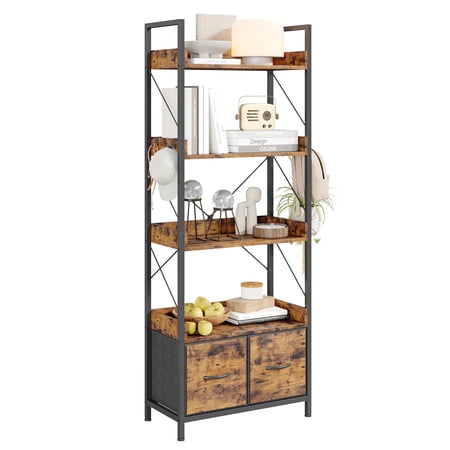 Studyset Industrial 5-Tier Tall Bookshelf with Fabric Drawer - Modern Freestanding Bookcase Storage Organizer for Home Office Living Room Bedroom - Display Rack - Black Iron Frame Vintage Wood