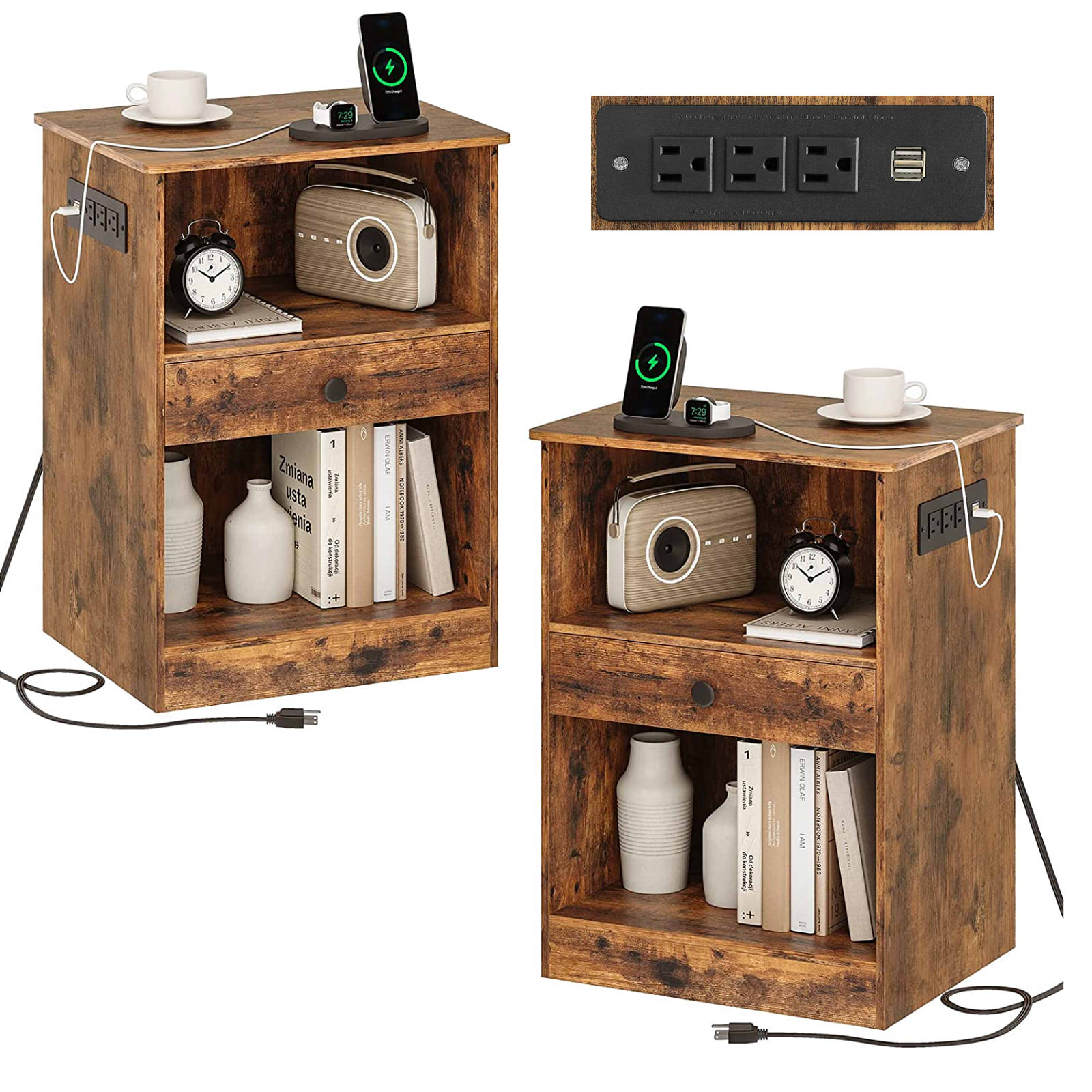 Brown Nightstand Set of 2 with Drawers&Charging Station for Bedroom