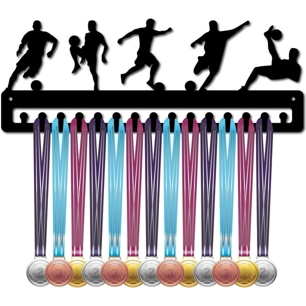 Exhibidor de medallas de fútbol, soporte para medallas de fútbol, estante colgante de metal deportivo, marco de hierro para montaje en pared, estante decorativo para medallas