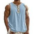 thumbnail image 2 of Namayuj Mens Cotton Linen Blend Sleeveless Henley Tank Tops Button Neck Trimmed Hem Tops Lightweight Breathable Casual Summer Beach Wear Light Blue XXL, 2 of 8