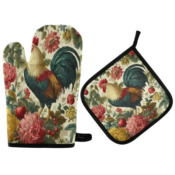 Heat-Resistant Reversible Oven Mitts and Pot Holders Set Double-Sided Insulated Gloves Kitchen Home Supplies Rooster and Vintage Floral