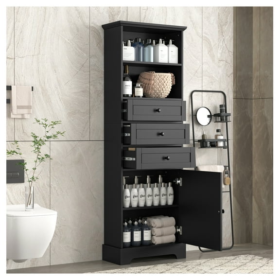 Black Tall Storage Cabinet with Drawers & Adjustable Shelves - Bathroom, Office, Study - MDF Board - Painted Finish