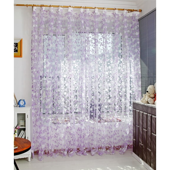 Bidobibo Leaf Embroidered Sheer Panel Long Window Crushed Gauze Room Curtain Voile Tulle Window Drapery Rod Pocket