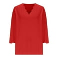 thumbnail image 4 of Ltctricy T Shirts for Women Fashion 3/4 Length Sleeve V Neck Scalloped Trim Solid Color Tunic Tops Casual Loose Tee Blouses(Red,Small), 4 of 6