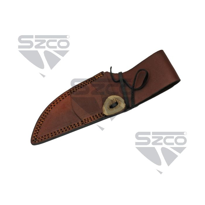 SZCO 6.25 Inch Damascus Fixed Blade Knife With Guard Leather Sheath Outdoor Utility Hunting Knife 4.75 Inch Damascus Blade