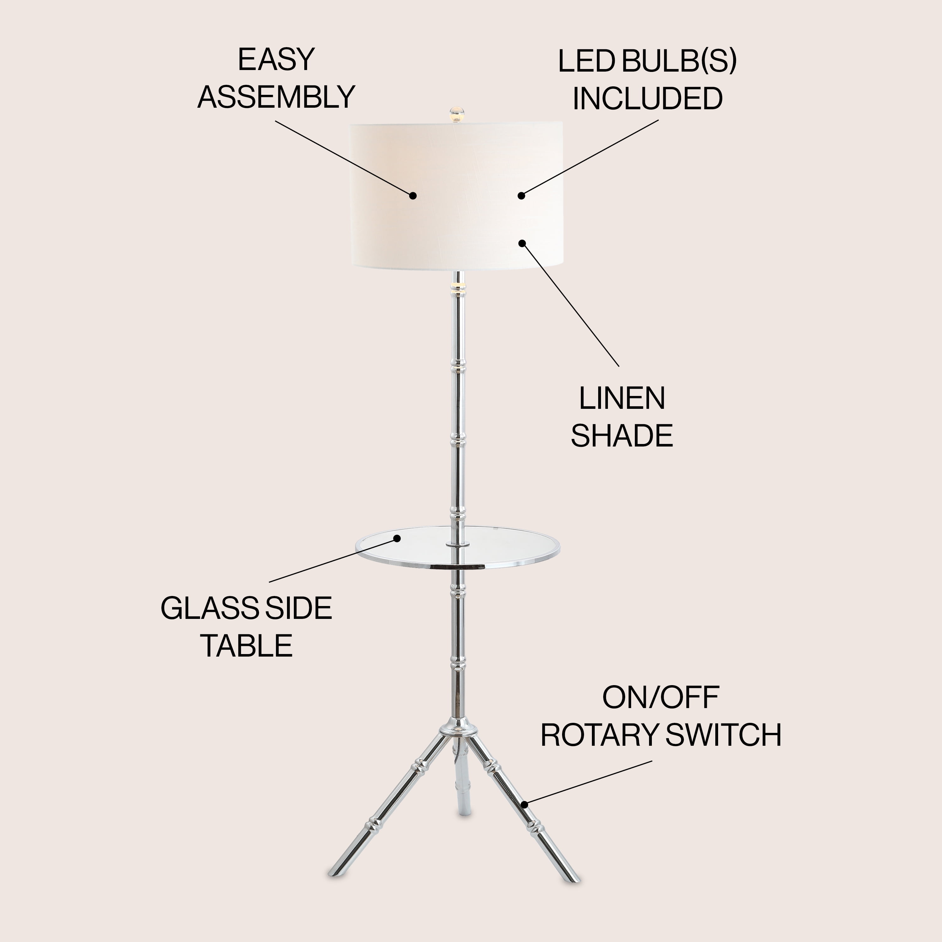 JONATHAN Y Hall 62" Metal LED End Table Floor Lamp, Chrome, JYL2012B