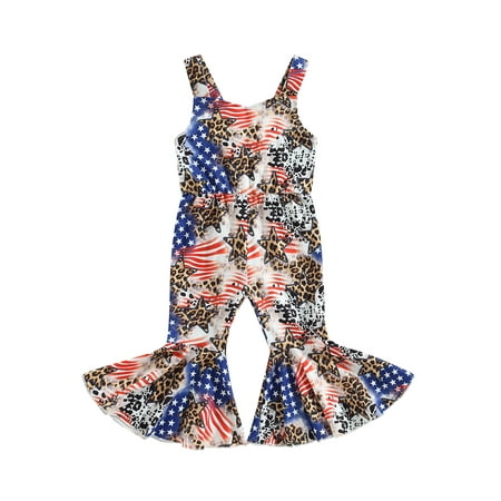 

Arvbitana Toddler Baby Girls Independence Day Jumpsuit Sleeveless Stars Stripes Leopard Print Sling Flare Pants Playsuit Summer Loose Overalls for Casual Party 6M-4T