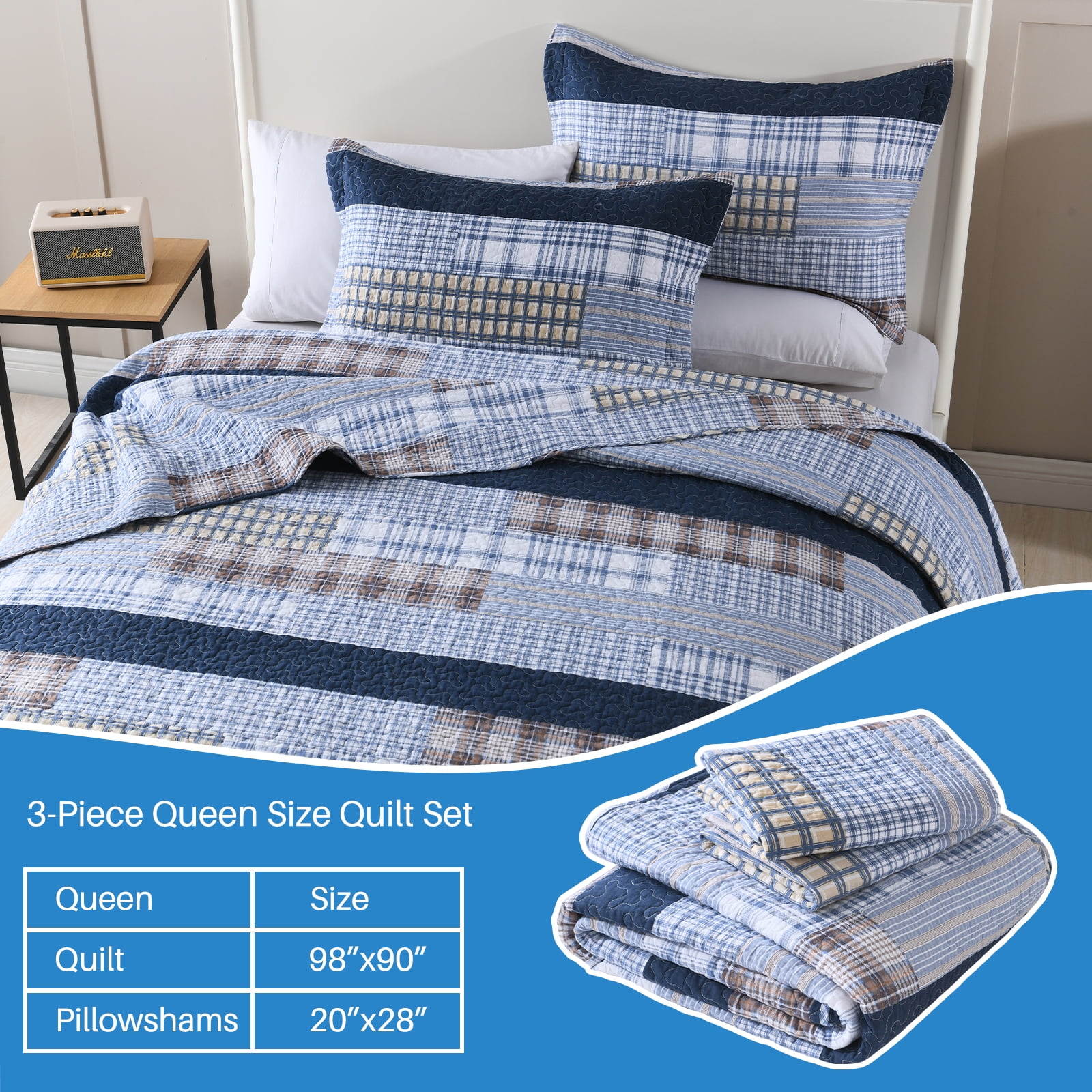 Bedduvit Navy Blue Cotton Quilt Queen - 100% Cotton Patchwork Plaid Striped Quilts for Queen Beds, Lightweight Reversible Modern Farmhouse Bedspread Quilt Set, 3-Piece All-Season Quilt Bedding Set