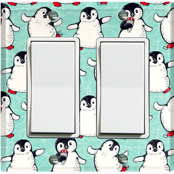 Metal Light Switch Plate Cover Cute Penguins Ice Skating Teal BRD001