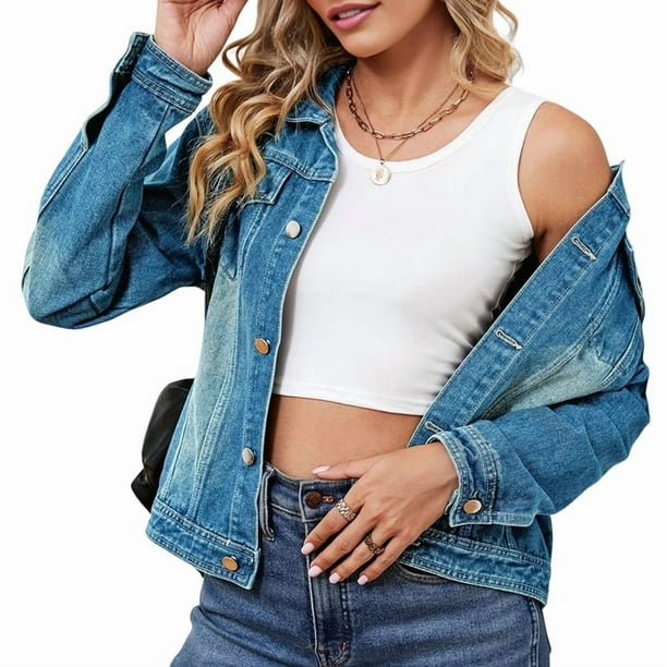 Chaqueta Vaquera Básica de Larga, Ajustada, Elástica y con Botones para Mujer Azul L