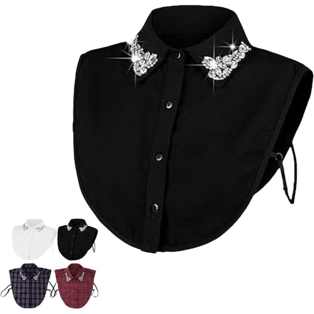 Col Détachable à Carreaux de Noël Rouge avec Strass, Fausse Chemise pour Femme Col Dickey Fausse Demi-Chemise