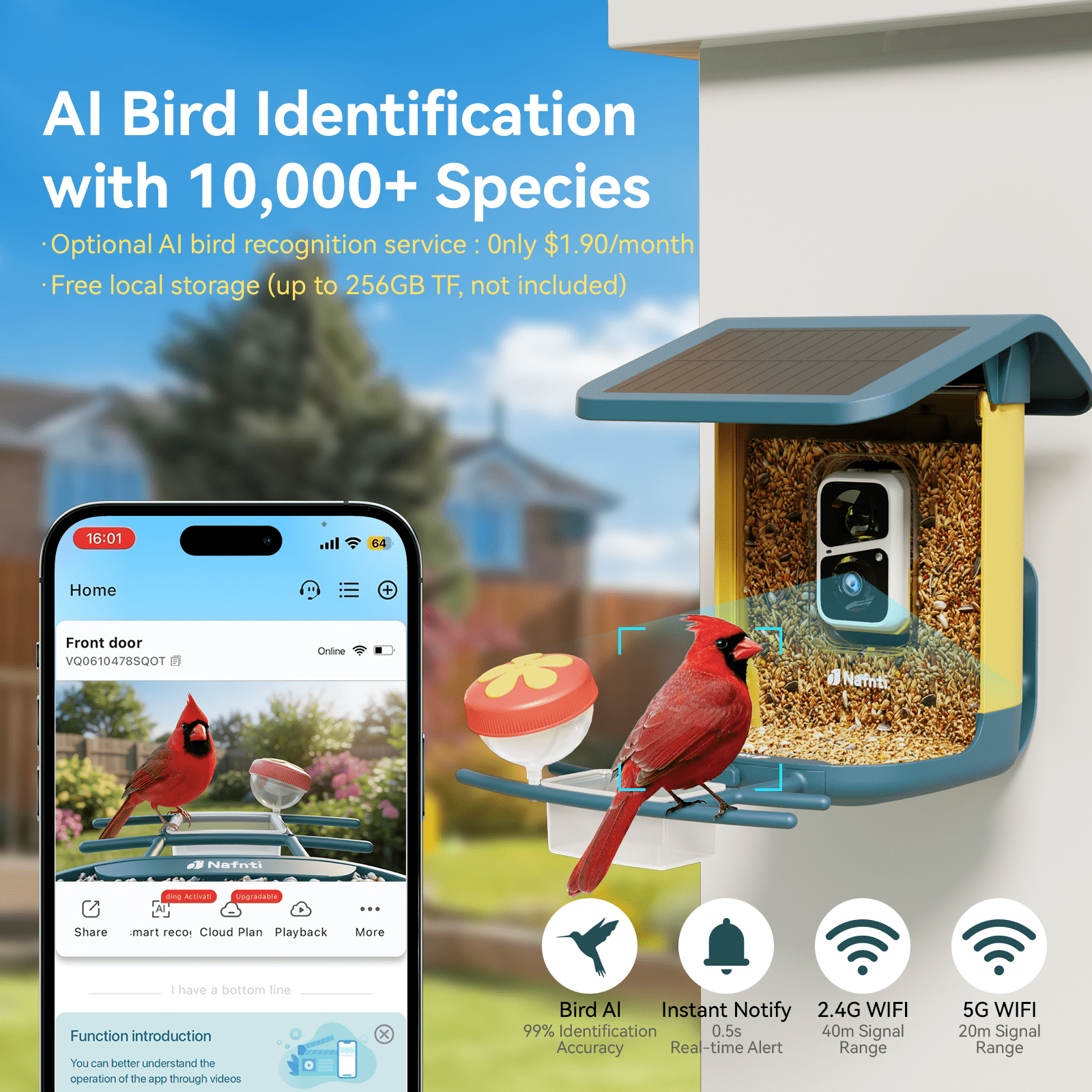 Nafnti Smart Bird Feeder, 5GHz/2.4GHz, 2K HD Bird Feeder Camera with Solar Roof, AI Bird Species Identify, IP65 Waterproof Rating, for Bird Watcher Gift, Blue