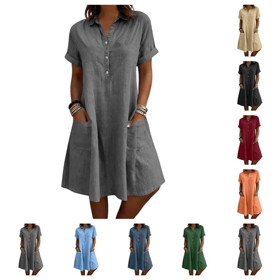 SAWOBUUN Women Cotton Linen Shirt Dress Short Sleeve Collar Washed Crinkle Loose Midi Dresses Summer Casual Tunic Dress with Side Pockets