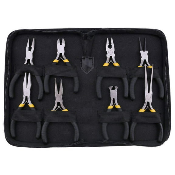 8PCs Mini Pliers Set, Long Nose with Teeth, Flat Jaw, Round Curve Needle Diagonal Wire End Cutting Cutter Linesman Plier Black Grips & Protective Pouch