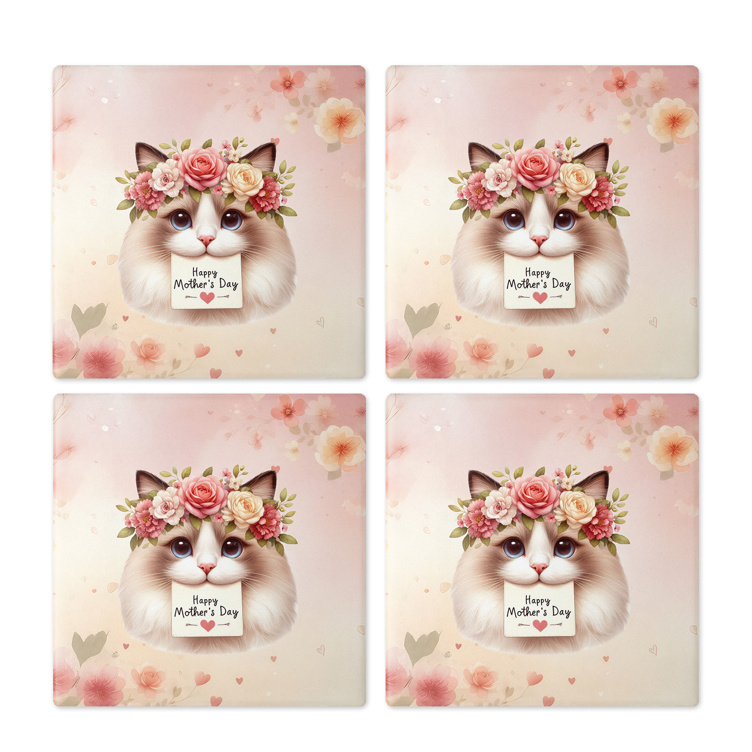 Happy Mother's Day Ragdoll with Flower Crown and Greeting Card Set of 4 Stone Coasters Cat Lover Kitten Owner Gifts Idea 4x4in Absorbent Soapstone Coaster - 13004