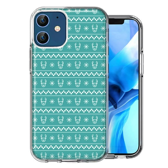 MUNDAZE For Apple iPhone 12 Teal Christmas Reindeer Pattern Design Double Layer Phone Case Cover