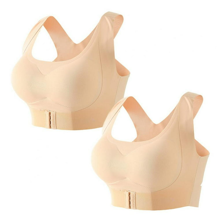 Pretty Comy Front Closure Bras for Women Invisible Seamless Wirefree Bras  Smoothing Cross-back Push Up Brassiere 2 Pack Skin Color 36B