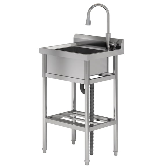Stainless Steel Utility Sink, Freestanding Single Bowl with Cold and Hot Water Pipe and Faucet for Restaurant, Laundry Room, Bathroom, Garage, Garden