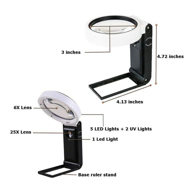Large Magnifying Glass with Stand Portable Folding Magnifier Jewelers Loupe  2 LED Lighted 2X 6X Handsfree Magnifiers Desktop Lamp Illuminated