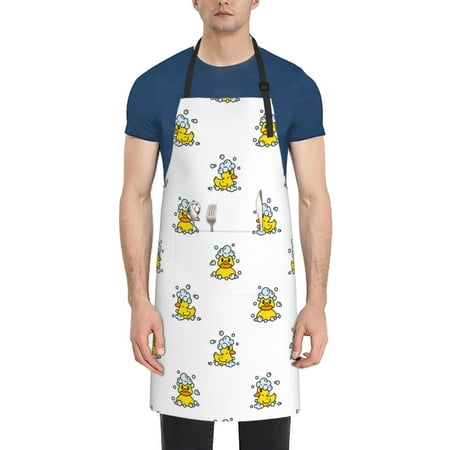 

Qekee Rubber Duck Showe Print Waterproof Apron with Pockets Adjustable Cooking Aprons Kitchen Bib for Baking Household Cleaning