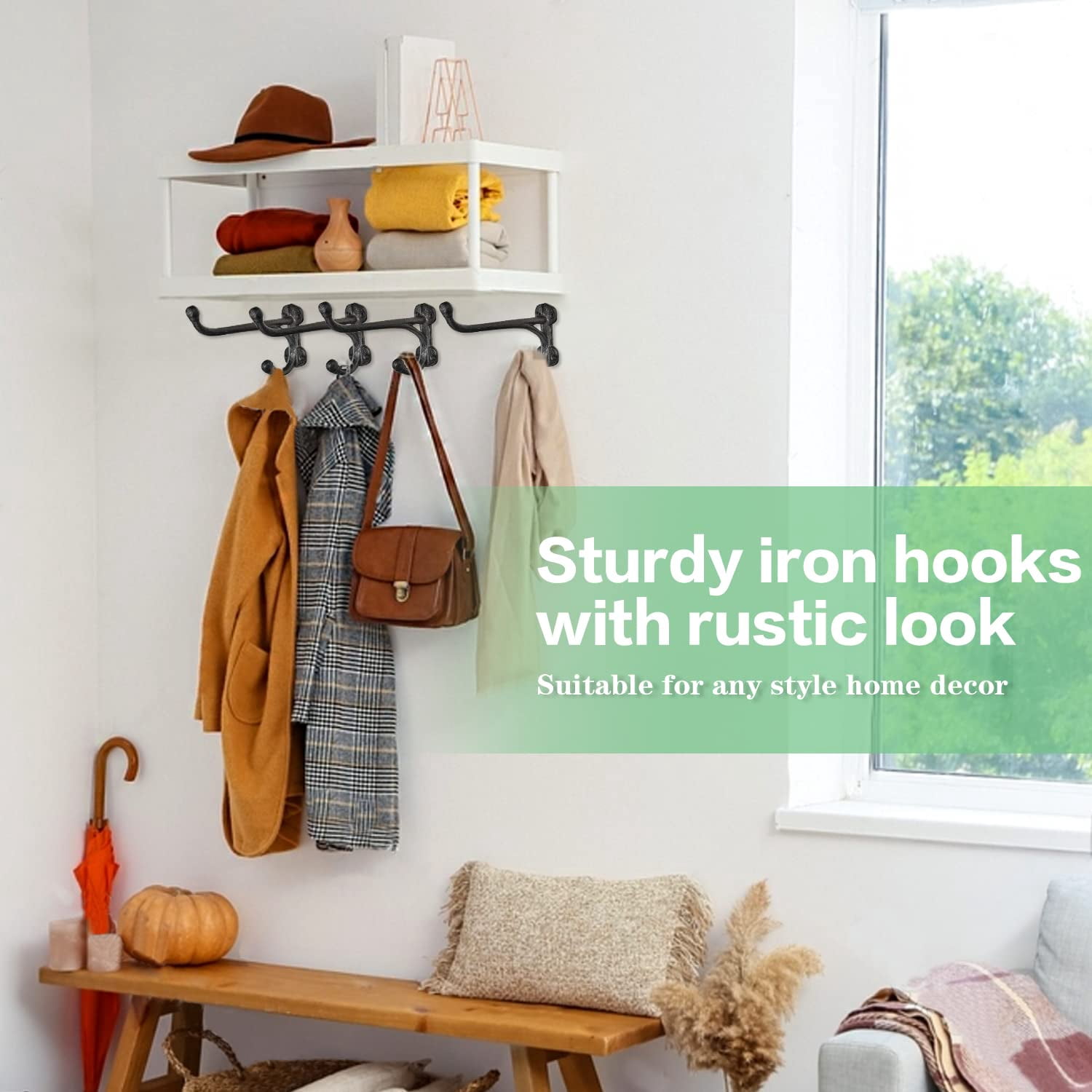 Sungmor 4PC Cast Iron Garage Hooks, 7.6“ Large Home Wall Hanging Clothing Organizer, Wall Mount Utility Garden Tools Storage Hanger for Multi Things, Solid Sturdy Wood Board Shelf Brackets
