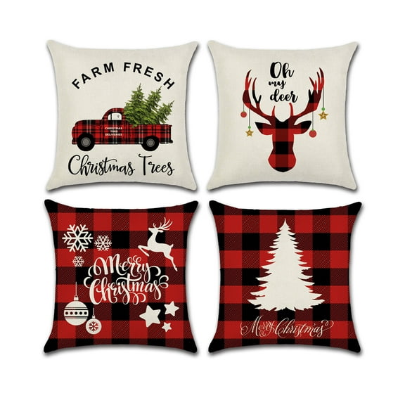 Christmas Theme Cotton Linen Fabric, Red Plaid Reindeer, Tree, Snowflake Decorative Indoor / Outdoor Throw Pillow Cover Set 18x18