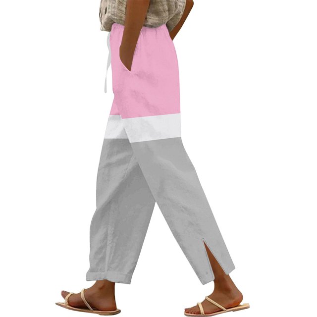 FNFYFH Clearance Cotton Linen Pants for Women Color Block Pant with Pockets Drawstring Elastic Waisted Trouser,Blue