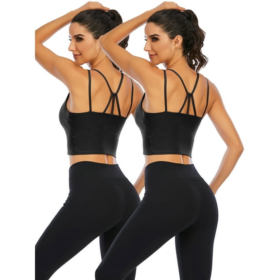 2 Pack Women's Sport Bra Strappy Back Yoga Tops Running Workout T-Shirt Sports Underwear Inner Chest Pad Sling Tube Top Vest
