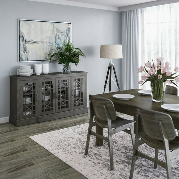 Twin Star Home Buffet Sideboard with Decorative Glass Cabinet Doors - Gray