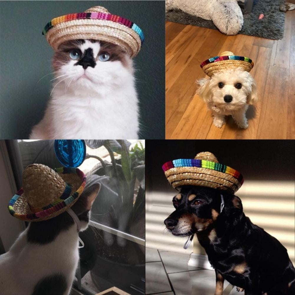 Meidiya Dog Sombrero Hat,Mini Straw Sombrero Hats Dog Sunhat Headwear,Summer  Breathable Sombrero Party Hats with Flower Decor for Dogs and Cats 