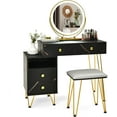 thumbnail image 2 of CHARMAID Vanity Desk with Reversible Side Cabinet, Makeup Vanity Table with Lighted Mirror, 3 Color Lights, 4 Drawers, Bedroom Dressing Table with Nightstand and Stool, Marble Black, 2 of 9