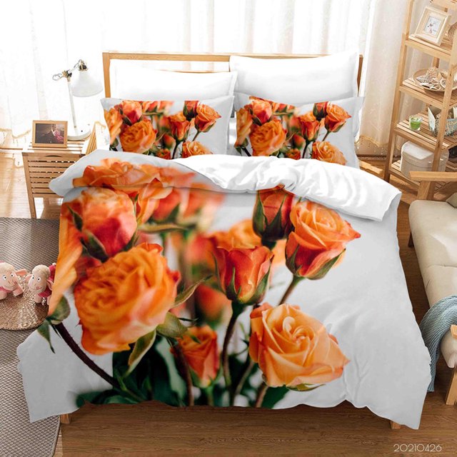 3D Naranja Rosa Floral Funda de edredón Set Ropa de Cama Funda Nórdica Fundas de almohada 291