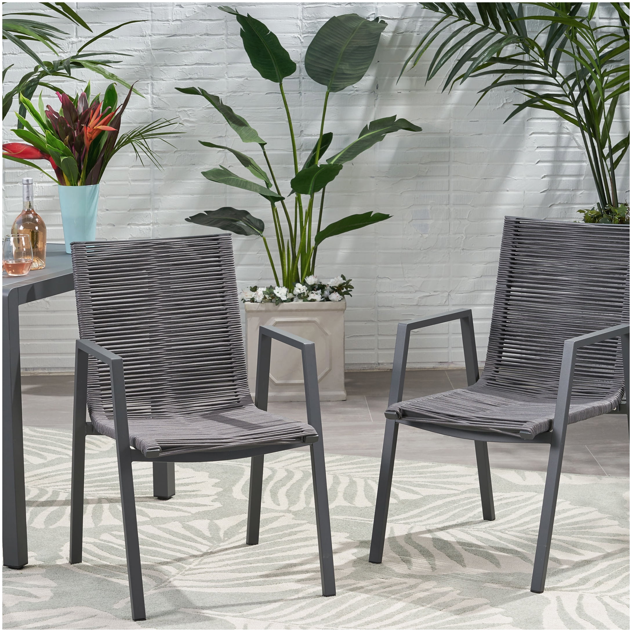 Contemporary Outdoor Chairs Set of 2, Gray Aluminum and Rope Design for Deck Porch Garden