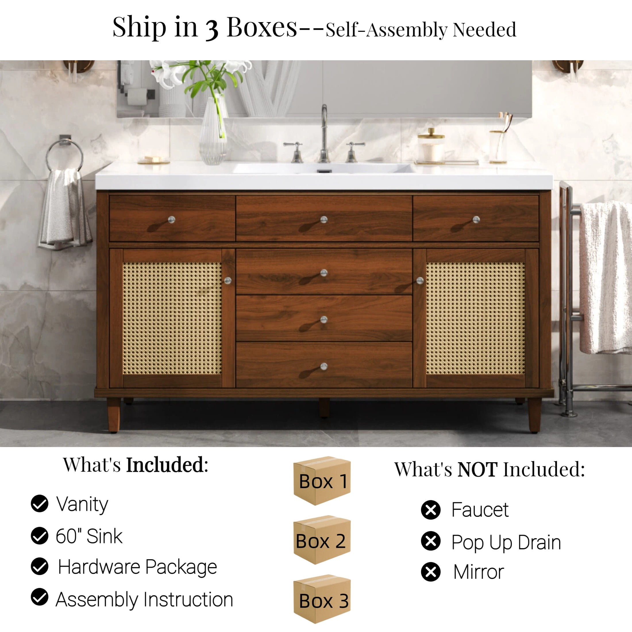 Christopher Knight Home 60" Bathroom Vanity with SMC Sink, Storage Cabinet and Drawers, Wood Frame, Brown