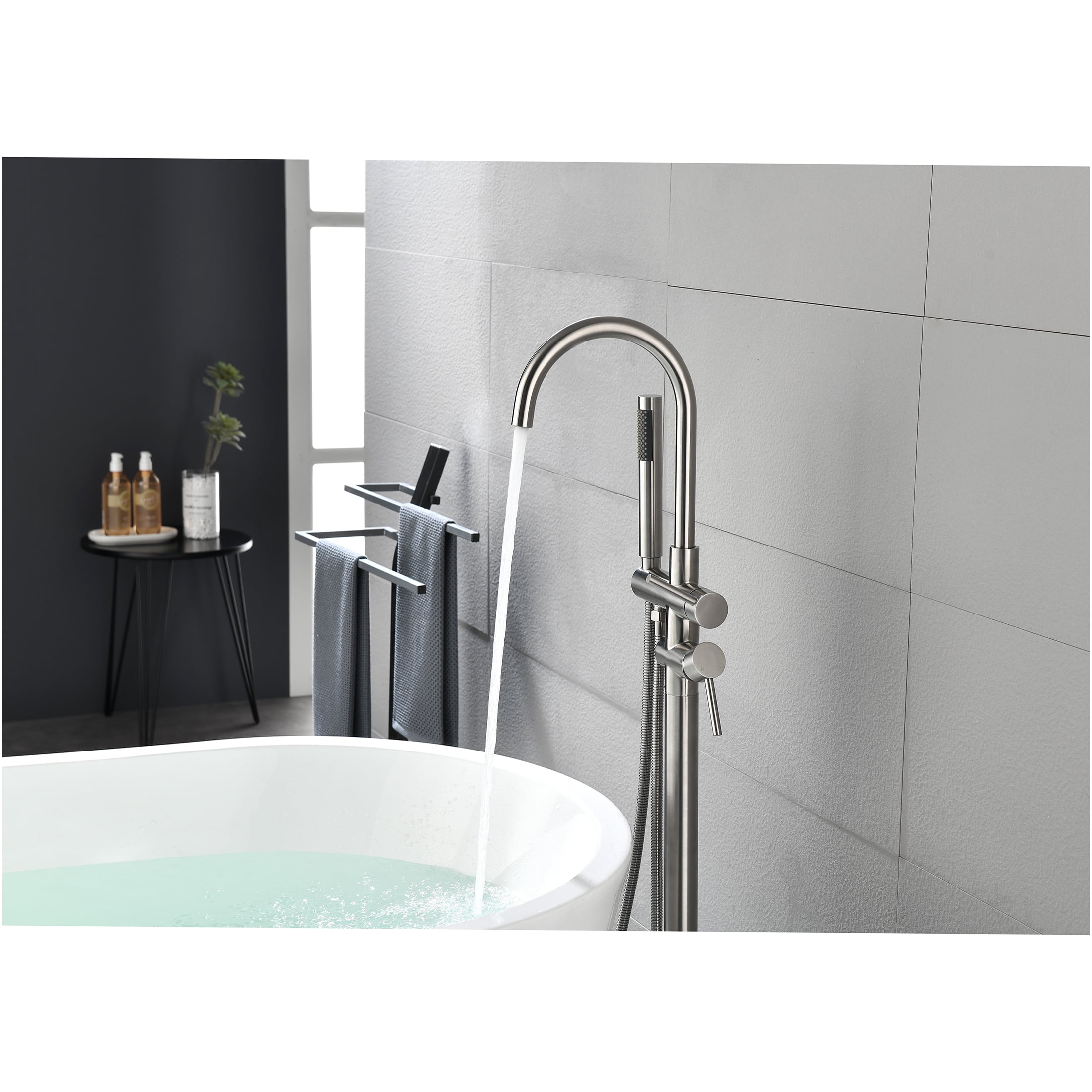 JERFIT Freestanding Tub Filler with Handheld Shower, Floor Mounted Bathtub Faucet in Brushed Nickel, High Flow Swivel Spout for Soaking Tubs