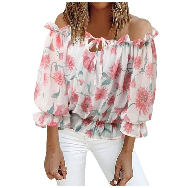 Tiweut Blouses Women Tops Off the Shoulder Boho Print Ruffled 3/4 Sleeve Round Neck Lady Tees White
