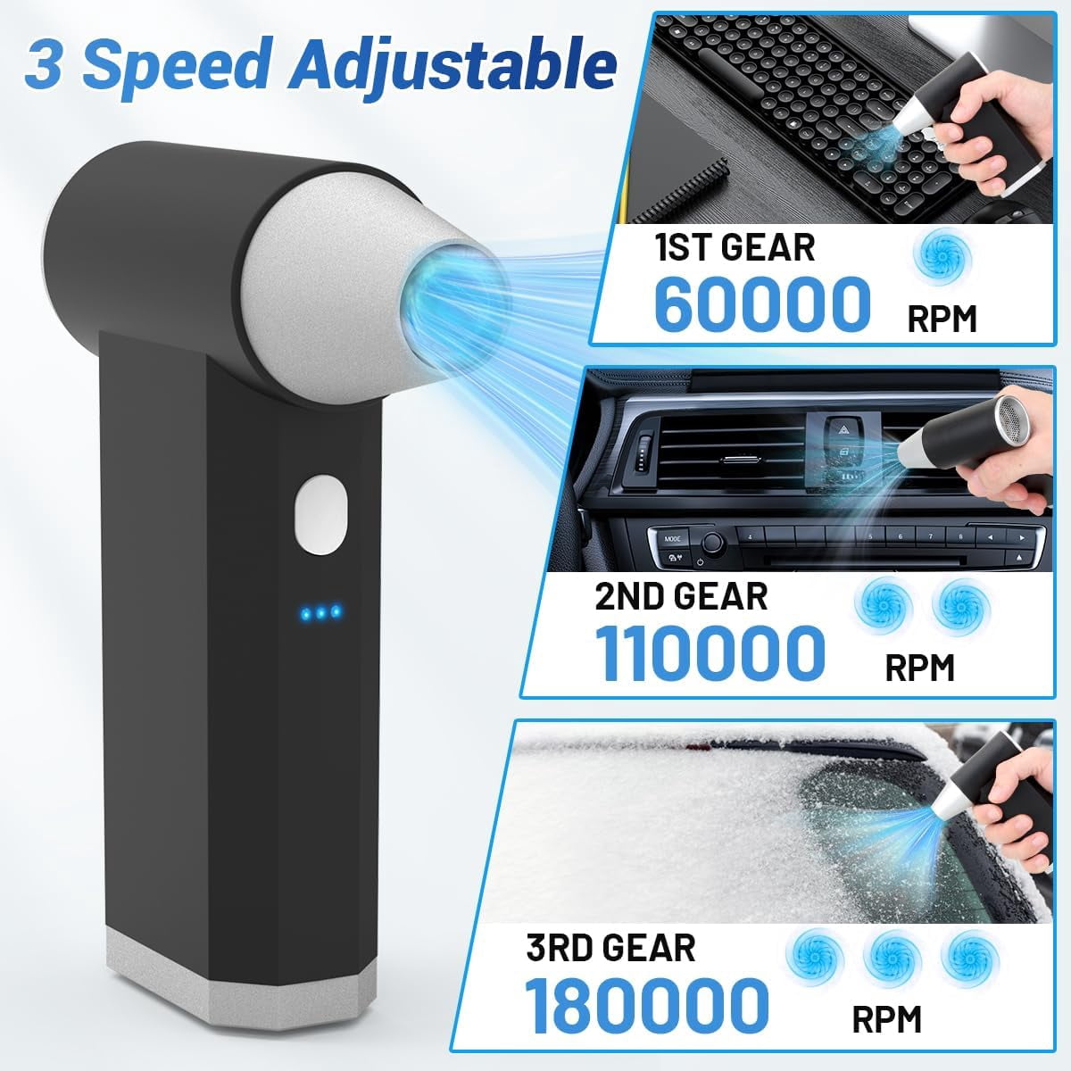 Cordless 3-Gear Electric Air Duster,180000RPM Compressed Mini Rechargeable Air Blower for Computer, Keyboard, House, Outdoor and Car, Gifts for Men