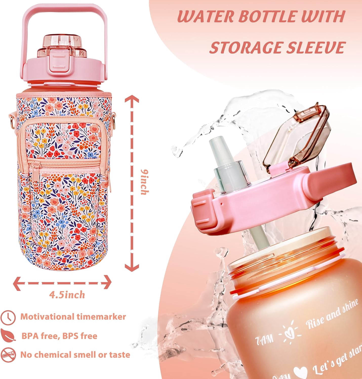 64 oz Water Bottle with Straw Sleeve & Strap Motivational BPA Free Half Gallon Water Jug with Handle for Gym Women Men Aesthetic Water Bottle with Strap Floral