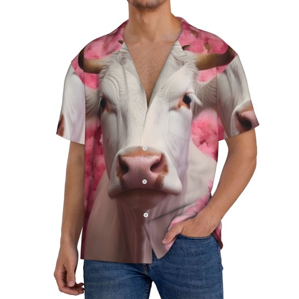Balery Flower White Cow Camisa Casual de Manga Corta con Botones para Hombre, Texturizada, Estilo Cubano, para Playa, Verano-X-Large