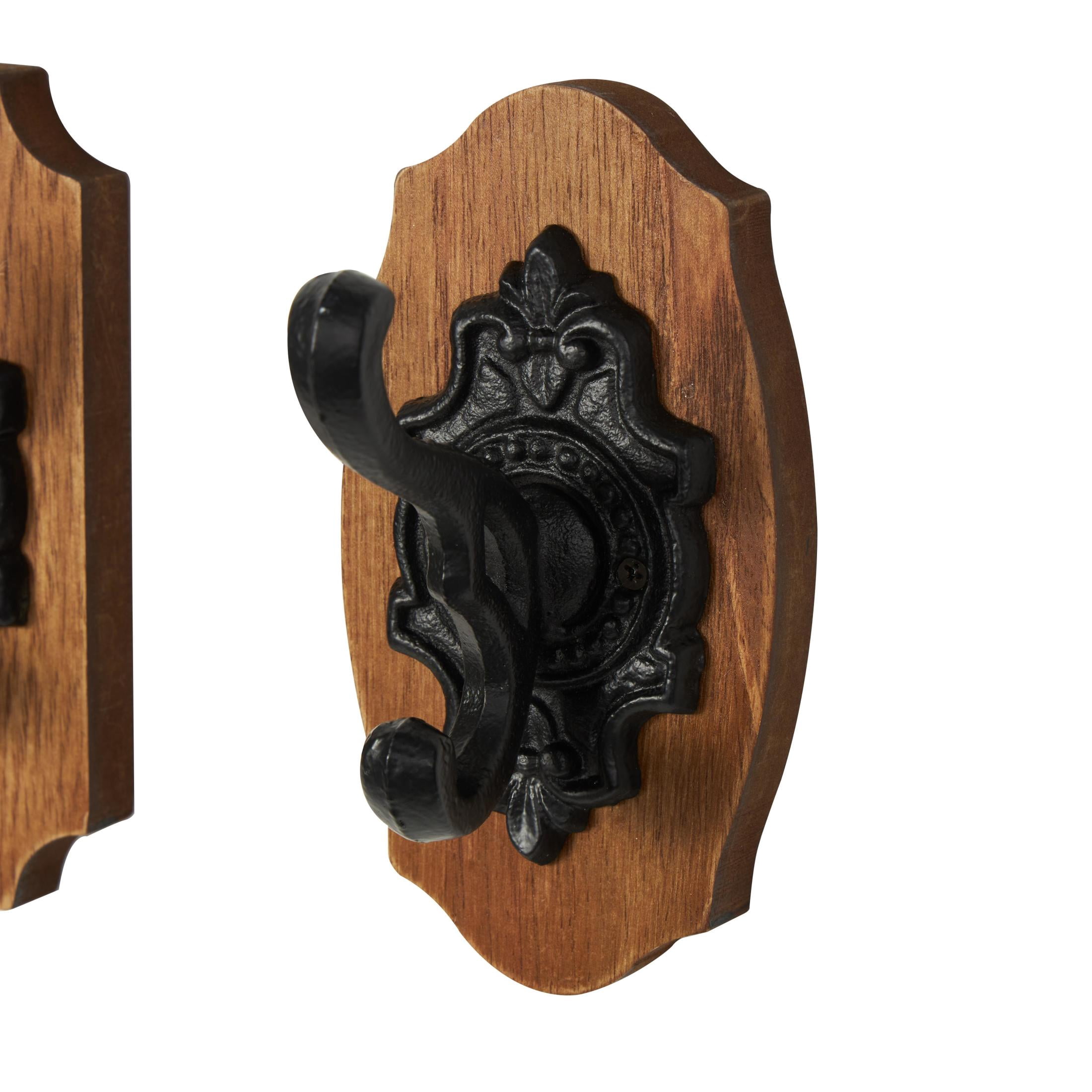 DecMode 4"W, 6"H Brown Wooden Vintage Inspired Fleur De Lis Wall Hook with Black Metal Hooks and Curved Edges, 3-Pieces